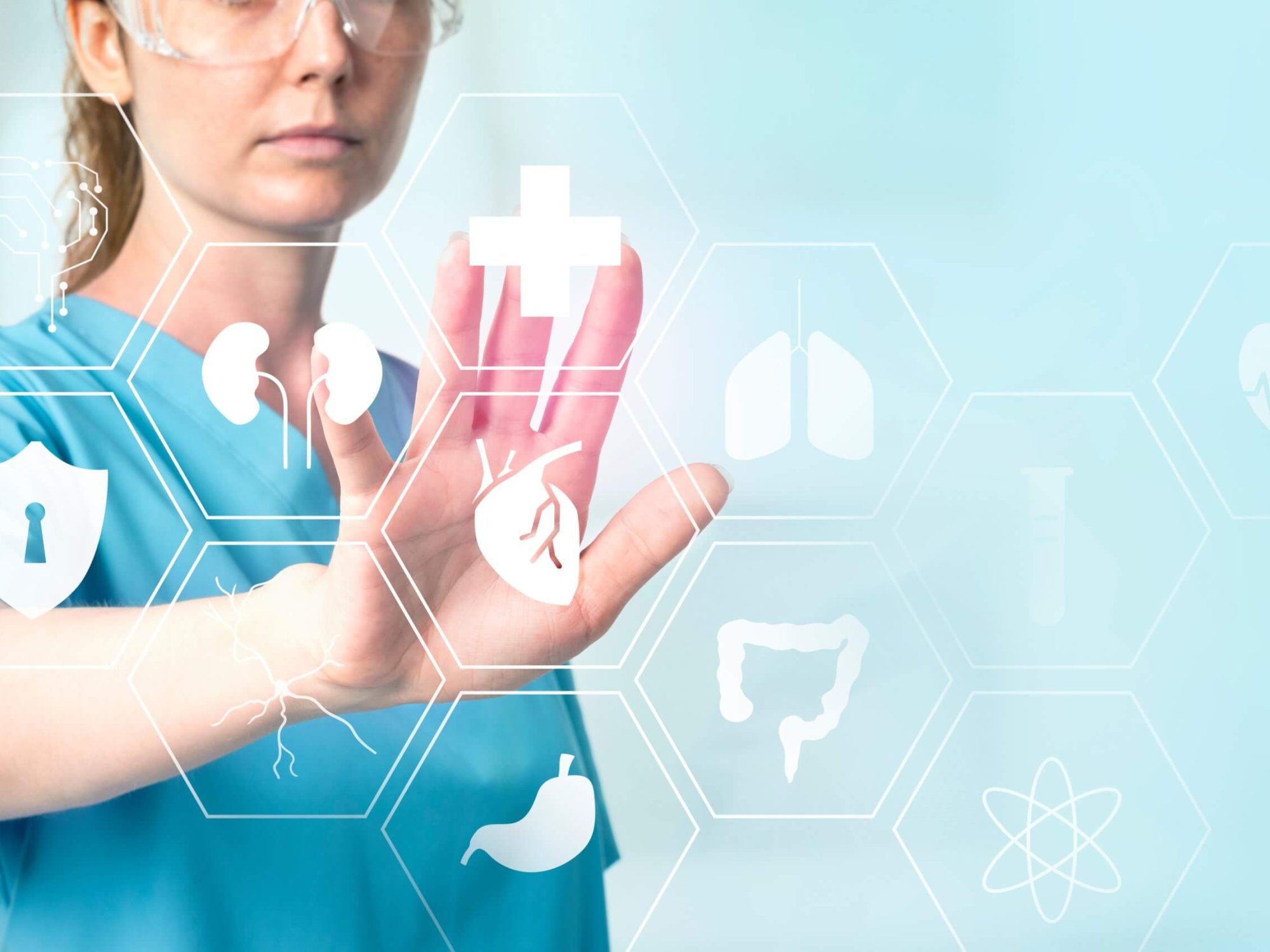 Female doctor with transparent glasses Female doctor  with smart glasses touching virtual screen medical technology